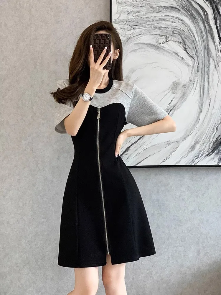 Color Block Casual T-Shirt Dress Women's Summer High Waist Slimming Fake Two-Piece Black Skirt Korean Style round Neck A-Line...