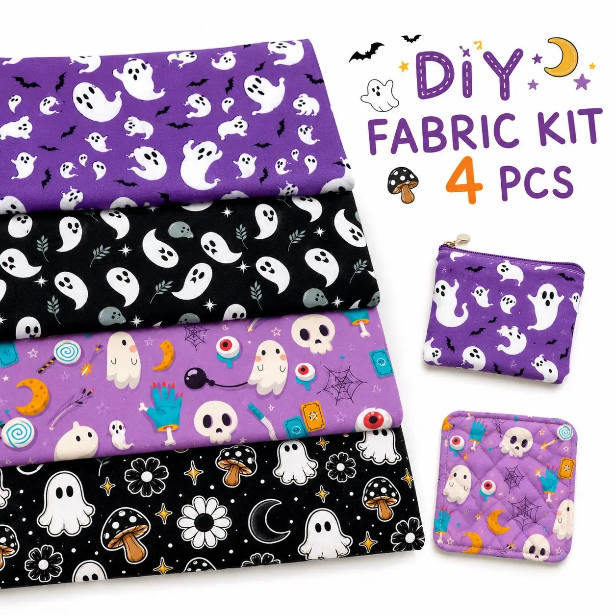 Pre-cut 4pcs 20X20cm Ghost Halloween Themed Polyester Fabric Set, Precut Quilting Squares, Hand Wash Only, No Repeat Patterns