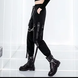 Loose Street Rock Style Cargo Pants for Women with Chain Detail and Hip Hop Style Black Gothic Joggers Sweatpants Street Style