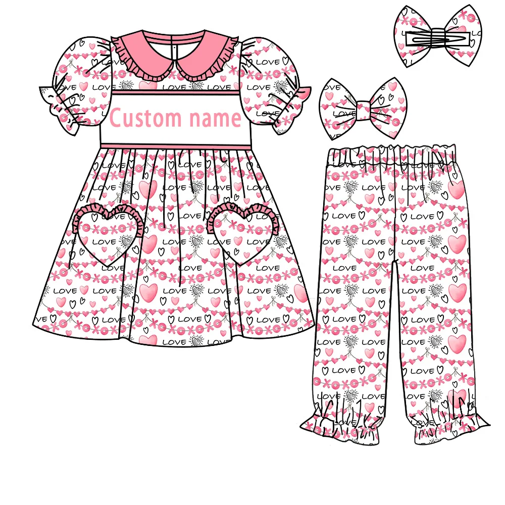 

Популярные детские пижамы с принтом сердца на День святого Валентина, детские пижамы с карманами в форме сердца для девочек, комплектные пижамы с рюшами и аппликациями, оптовая продажа