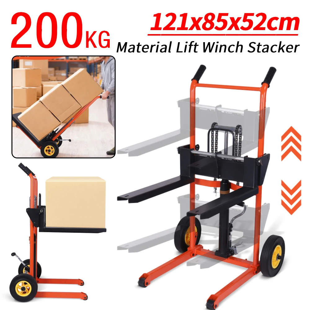 

200KG Material Lift Winch Stacker with Adjustable Forks Manual Forklift Pallet Stacker Pallet Jack Truck Dolly for Warehouse