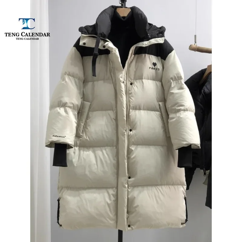 Winter Down Jacket, Knee Thick Loose Korean Contrast Goose Down Couple Warm Jacket, 2024 New Model