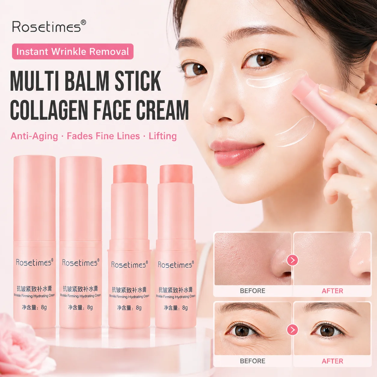Rosetimes Instant Wrinkle Removal Multi Balm Stick Collagen Face Cream Anti-Aging Fade Fine Lines Lifting for Face Neck Skincare
