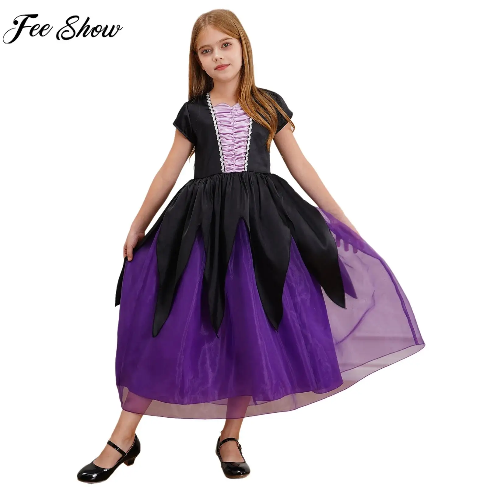 

Children Girls Halloween Mermaid Ursula Octopus Sea Witch Cosplay Costume Short Sleeve Ruffled Dress for Theme Party Masquerade