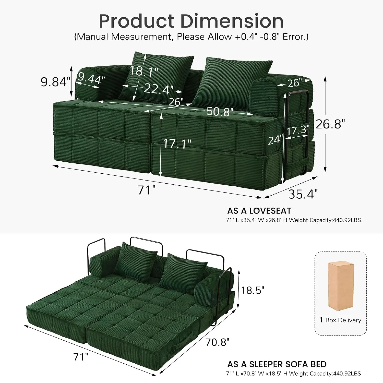 Folding Convertible Sofa Bed Corduroy Loveseat Small Cloud Sleeper Modular Futon Floor Couch Living Room, Customized