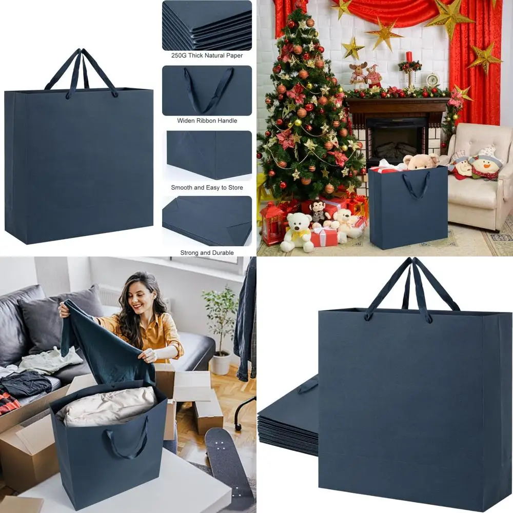 

Large 17x7x17 Navy Blue Kraft Paper Bags, 12 Pack with Handles, Heavy Duty Matte Tote for Shopping, Parties, and Business Gifts