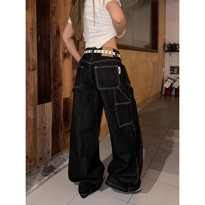 2025 Autumn Women Vintage Y2K 2000s High Waist Jeans Korean Oversize Fashion Loose Casual Black Wide Leg Pants Lady Streetwears