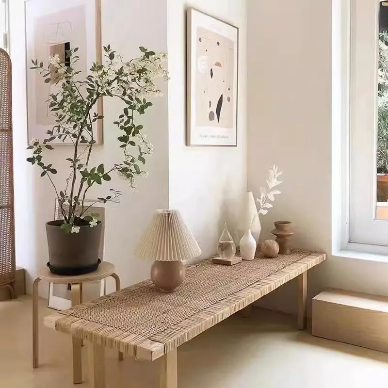 Solid wood rattan bedroom end of bed retro wabi sabi Nordic living room coffee table dining stool