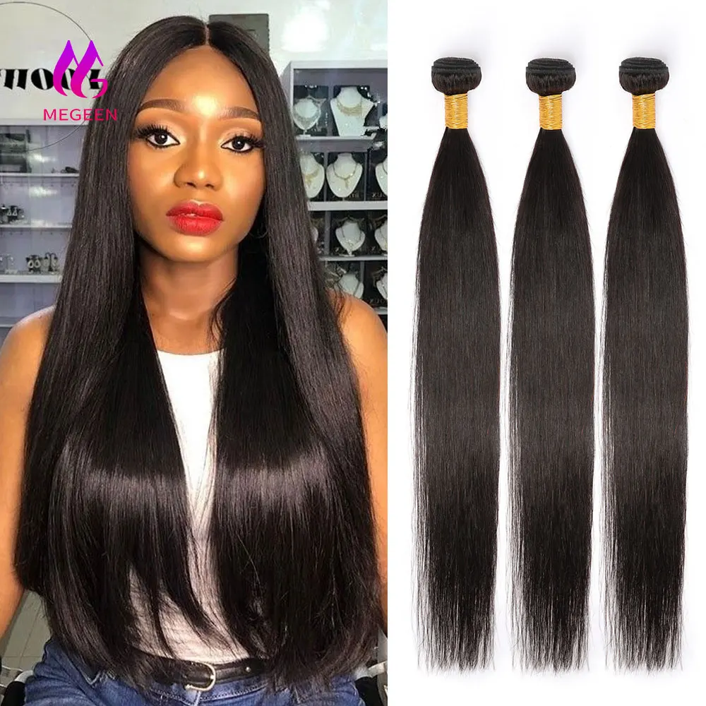 Megeen Straight Bundles capelli umani birmani Healthy Remy Weave Hair Extensions 1/3/4 Bundles Deal 12A Black Healthy Hair 32 pollici
