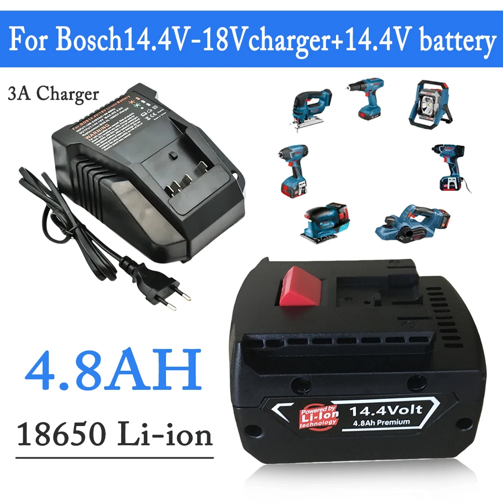 For Bosch 14.4V BAT607G BAT614 BAT614G Electric Tool Replacement  Li-ion Battery, With 14.4V/18V 3A Charger