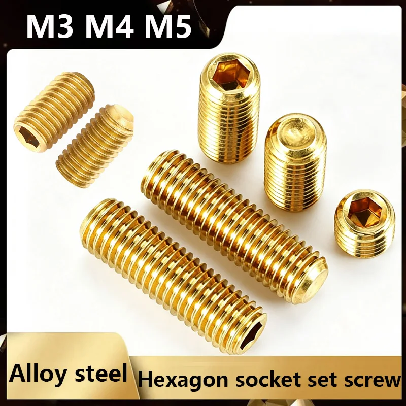 Level 12.9 Titanium plating Gold Steel Hex Socket Set Screw Cup Point  M3 M4 M5  Headless Hexagon Socket Grub Screw DIN916