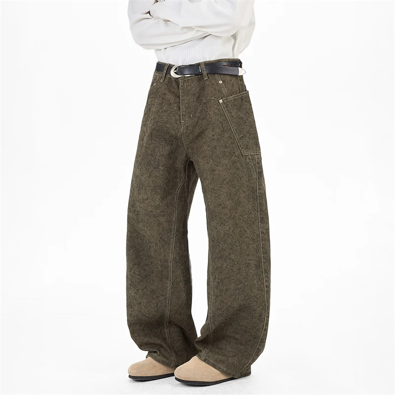 Pantalones vaqueros de trabajo para hombre, estilo americano, color verde caqui, informales, holgados, versátiles, pantalones largos de mezclilla, nuevos