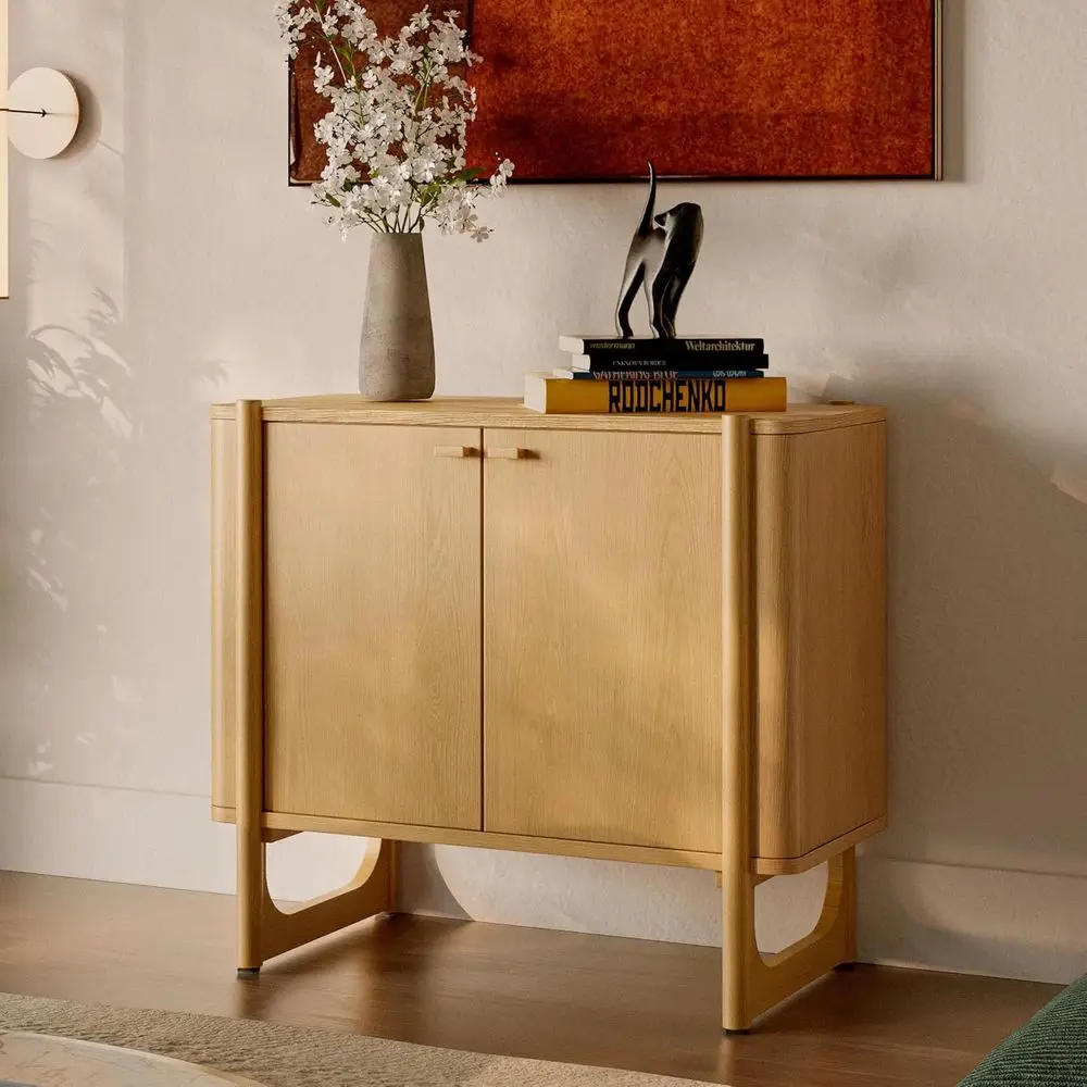 

Light Oak Century-Style Wooden Media Cabinet with Solid Wood Legs, Soft-Closing Hinges, and Adjustable Shelves