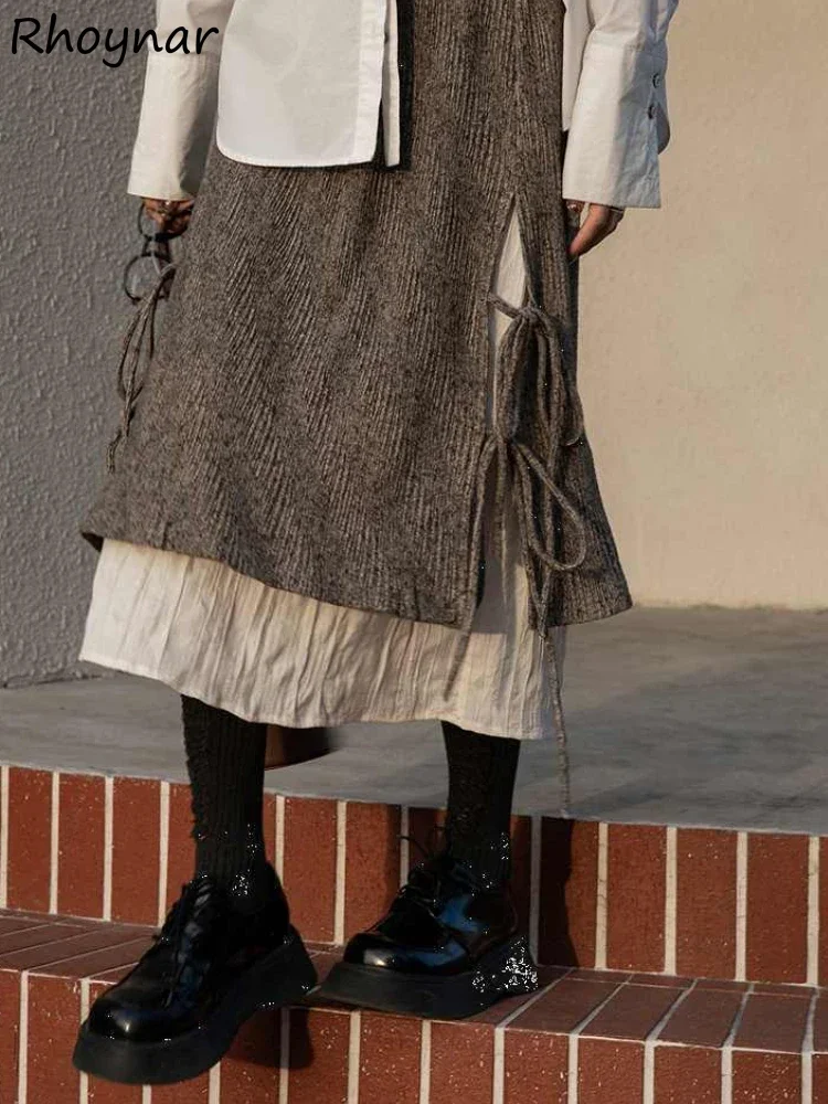 Rokken voor dames Wijde bruine corduroy Vintage bandage hoog getailleerde dames Franse ontwerp Koreaanse stijl Юokong Da Diego Esthetiek Ins