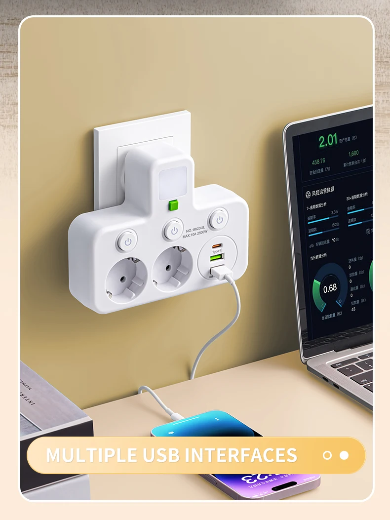 EU-Stecker-Steckdosenleisten. Zwei Spezifikationen mit oder ohne USB-Typ-C-Anschluss. Wandladegerät für das Heimbüro – Detail 21