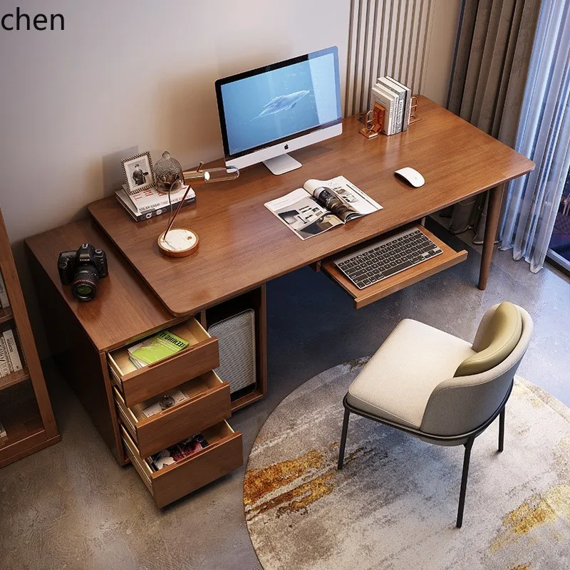 ZML solid wood desk with built-in bookshelf, computer desk, writing desk with keyboard tray
