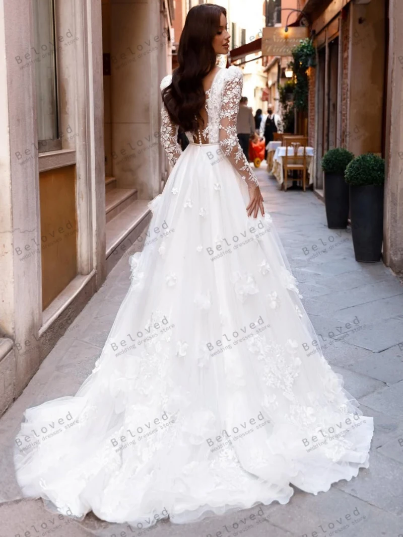 Lindo vestidos de casamento glamourosa vestidos de noiva rendas apliques mangas completas decote em v profundo robes vestidos de novia personalizado 2025