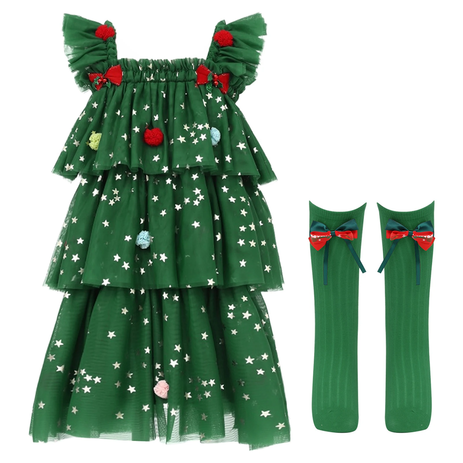 فستان توتو من التول بطبقات على شكل شجرة عيد الميلاد للفتيات الصغيرات مع جوارب لالتقاط الصور في حفلة عيد الميلاد #2