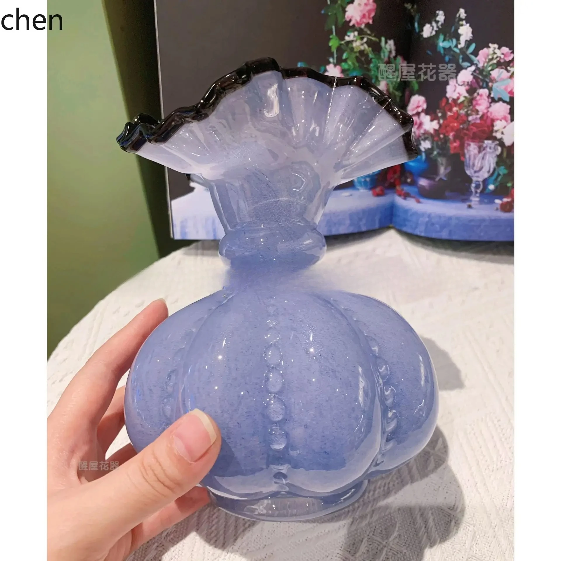 W28 Vintage Fenton Style Handmade Glass Purple Vase French Retro Style Flower Arrangement Pumpkin Vase Light Luxury