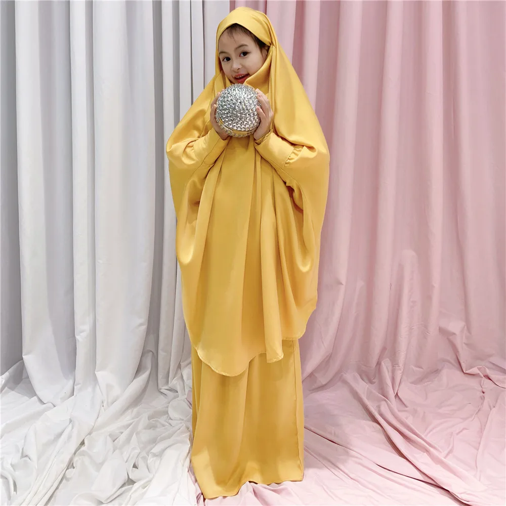 Eid Ramadan Muslim Kids Girls Prayer Garment Abaya Khimar Hijab Long Dress Set Overhead Burqa Kaftan Islamic Arab Clothing Robe