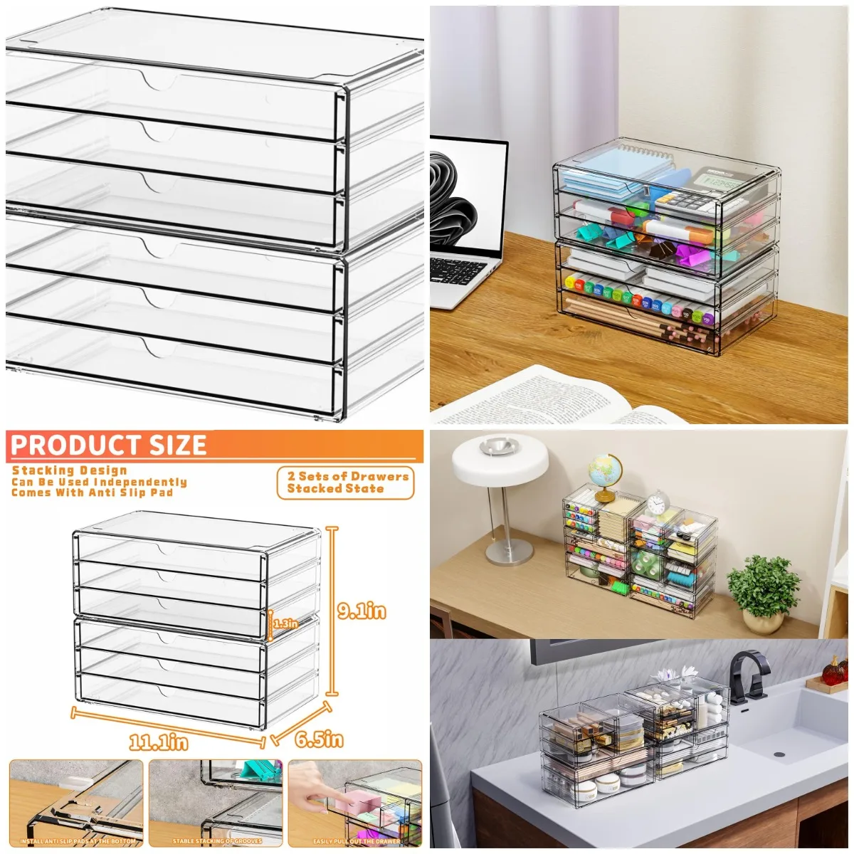 

2 Pack Clear Acrylic Drawers, Stackable Desk Organizer for Pens, Makeup & Crafts, Large Office Storage