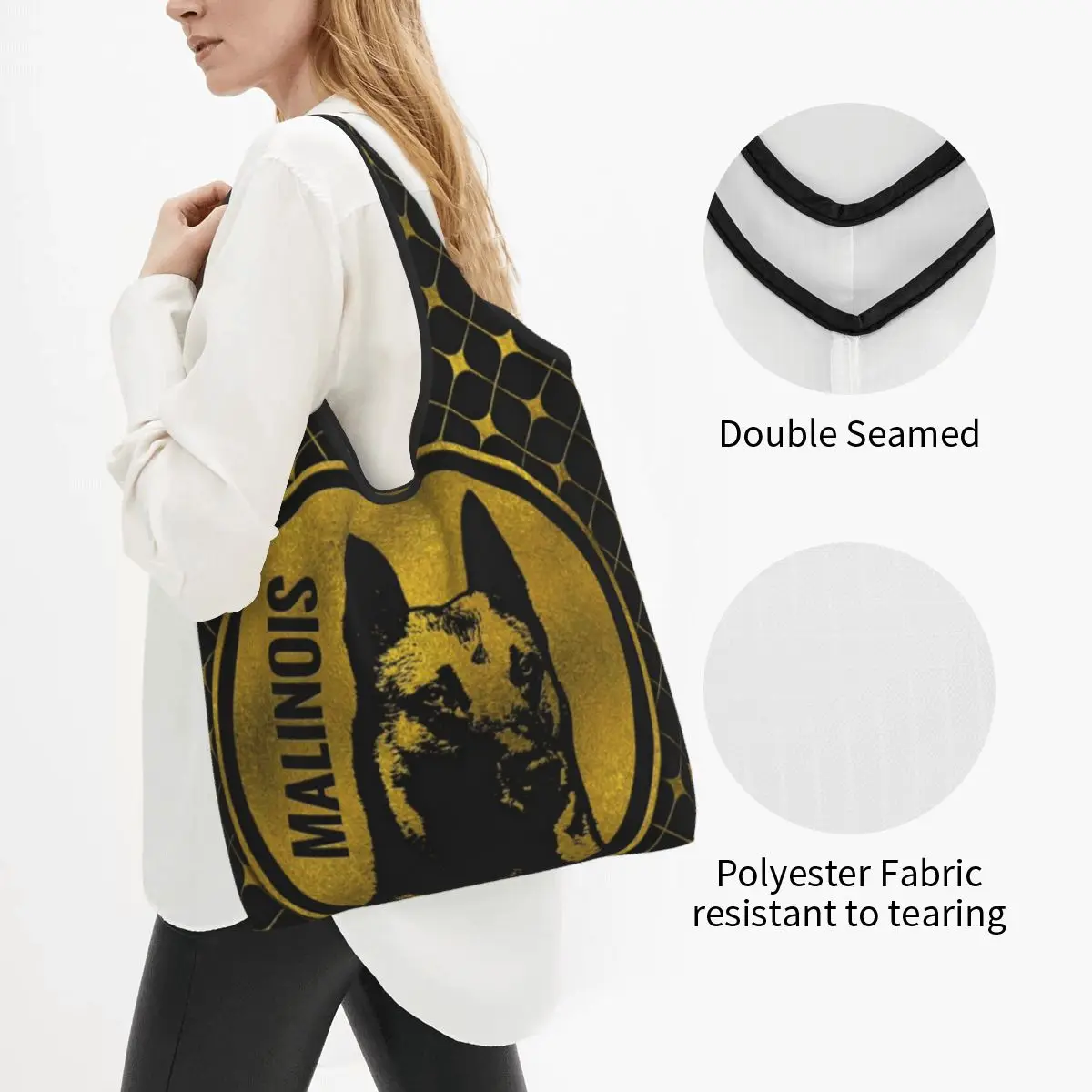 Funny Printing Golden Belgian Malinois Tote Shopping Bag Portable Shopper Shoulder Mechelaar Maligator Puppy Handbag