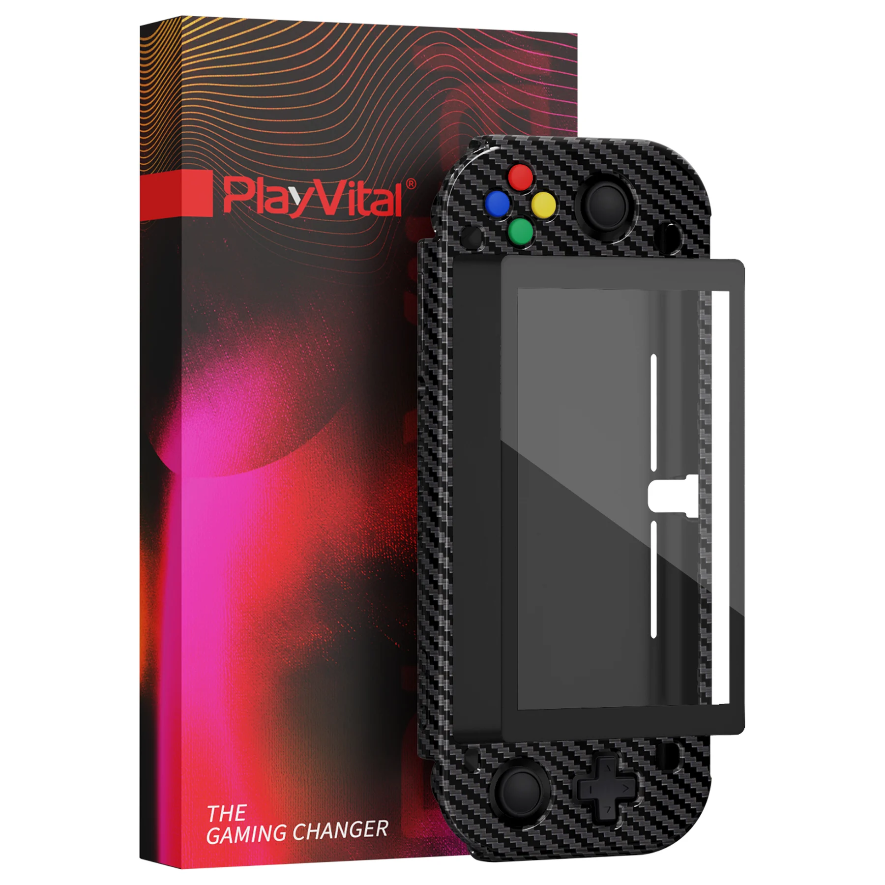 PlayVital carcasa dura protectora para Nintendo Switch Lite, funda con Protector de pantalla y empuñaduras para el pulgar, fibra de carbono grafito