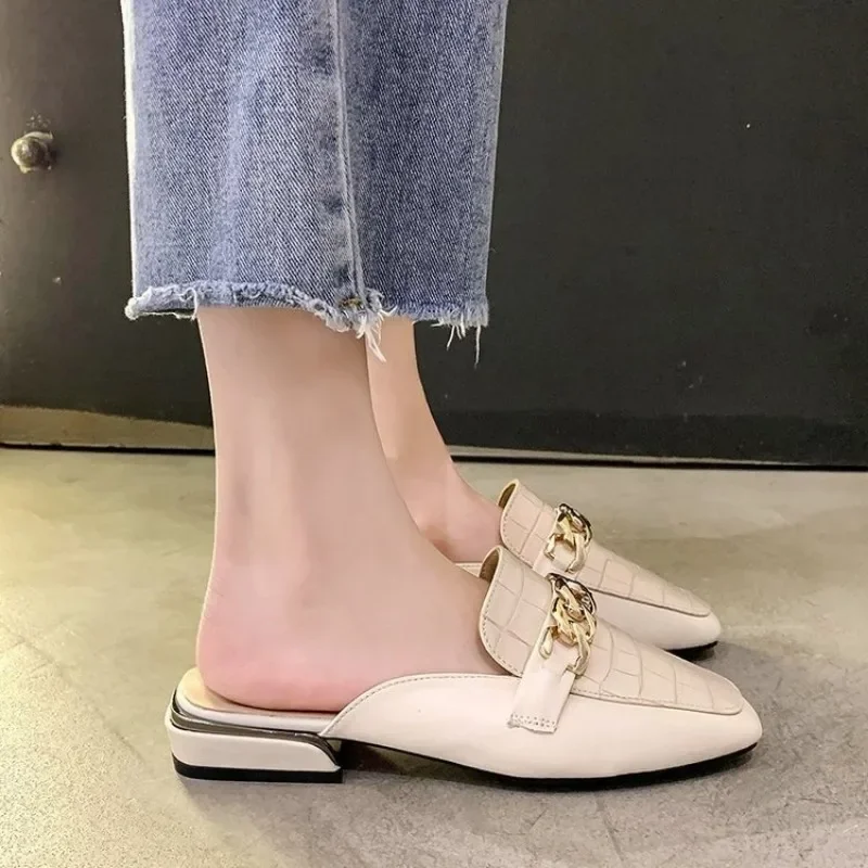 Oversized Slippers Women\'s Outside Muller Shoes Spring/Summer Baotou Half Slippers Versatile Square Head Low Heel Sandals Women