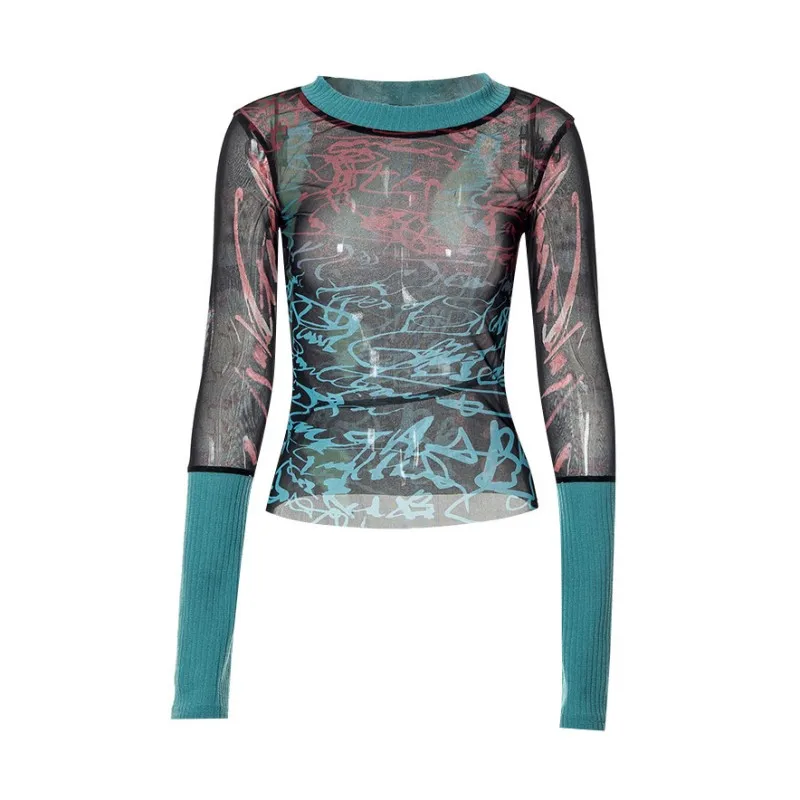 Drucken Y2k Zubehör Crop Top Frauen Kleidung Lange Ärmeln Grafik T Hemd Oansatz Gothic Ästhetischen T-shirt Pullover Ropa De Mujer – Detail 1