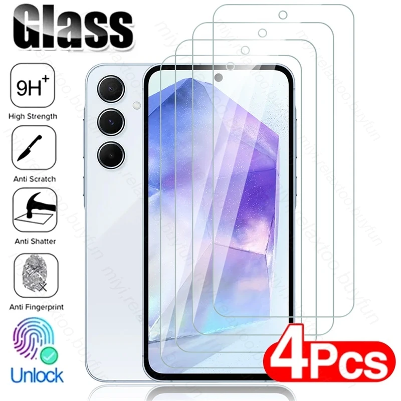 4Pcs Protective Glass Samsang Sumsung Sansung Glaxy Galxy Galaxi A 55 35 25 15 05 05s SamsungA55 GalaxyA55 5G 2024 Screenprotect