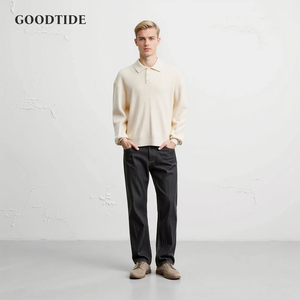 Spring Autumn Elegant Korean Style Knitted Polo Shirt for Young Men Slim Fit British Retro Business Fashion Sweater Suitable