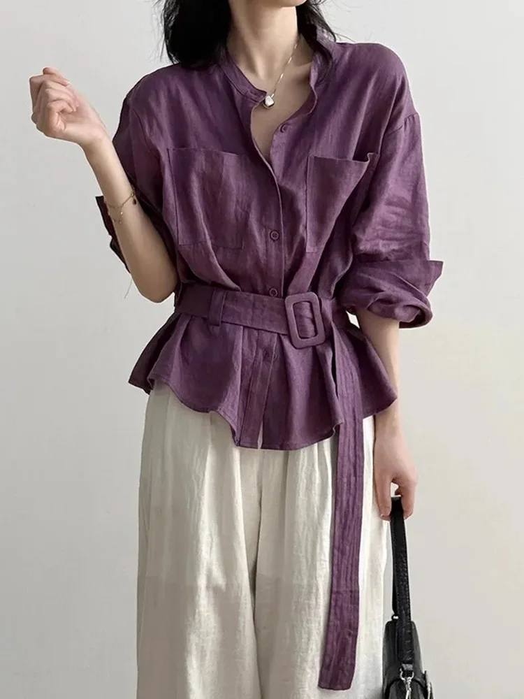 Vintage Belt Cotton Linen Shirt Women Loose Casual Long Sleeve O Neck Retro Blouse Spring Summer Female Soft Streetwear Tops New