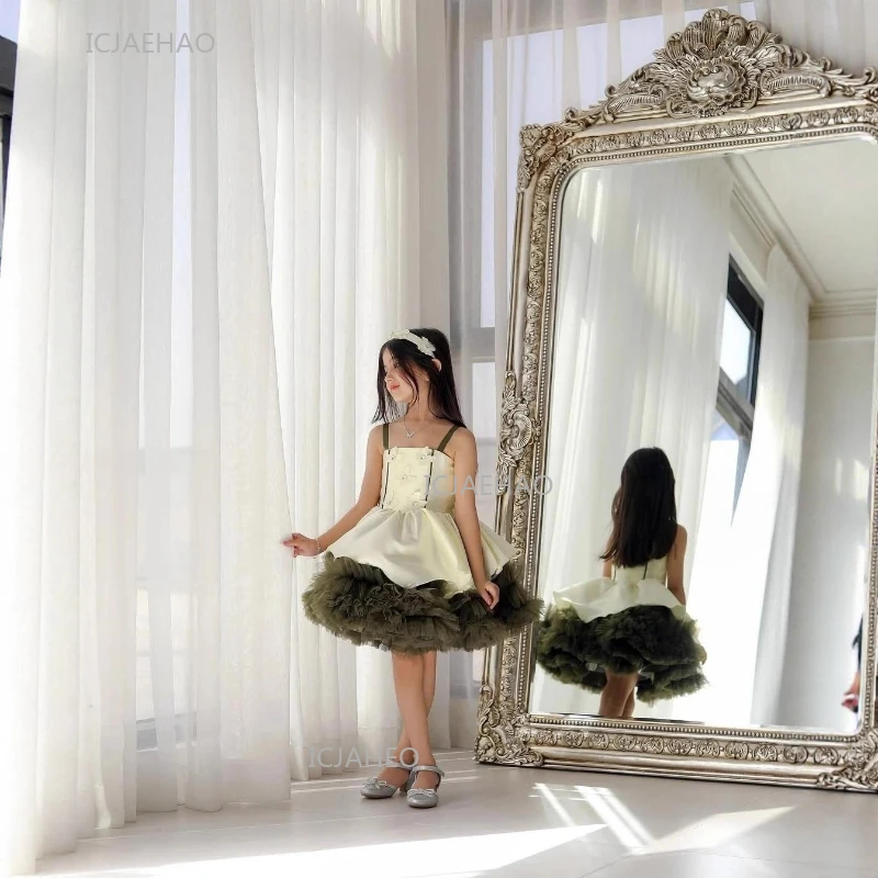 Girls Spaghetti Strap Princess Party Dress Host Pageant Fashion Formal Evening Dresses Children Tulle Puffy Gown for Model Show