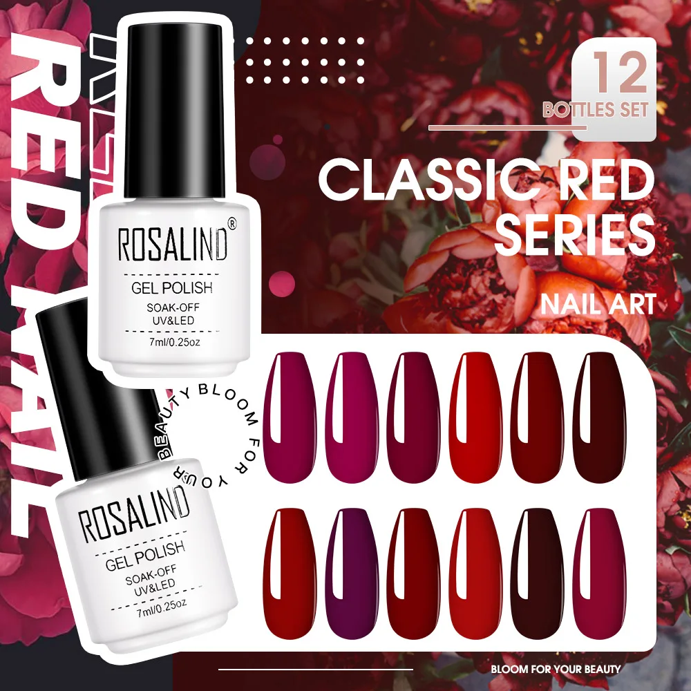 Rosalind 12 Stück Set rote Farbe Gel Nagellack Vernis semi permanent brauchen Top Base Coat hellen Klassiker für Nail Art LED/UV-Lampe