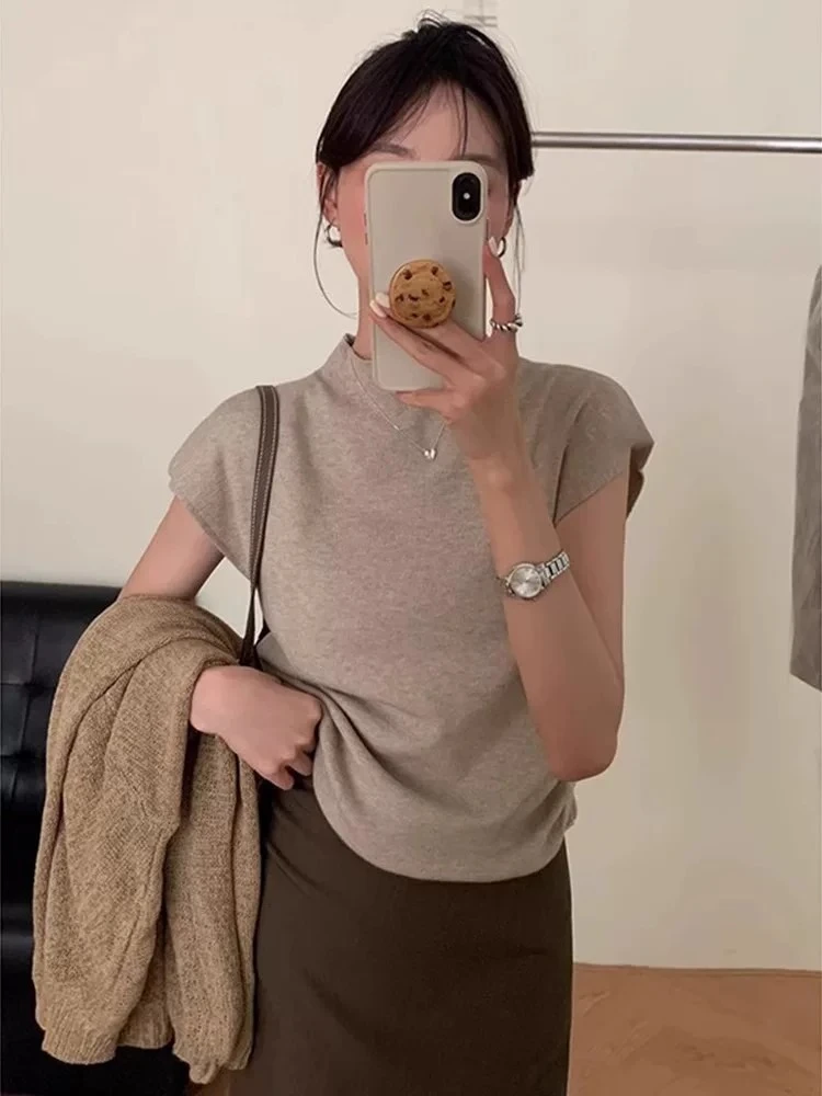 Koreanisch-französischer Slim-Fit Strickpullover 2026 Sommer Mock Neck Kurzarm Damen T-Shirt Einfarbig Vielseitiges Basic Layering Tee