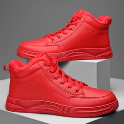 Fashion Lightweight Winter Sneakers Men Warm Fur High Top Shoes Unisex Men's Red Casual Shoes Comfort Leather Sneaker For Men