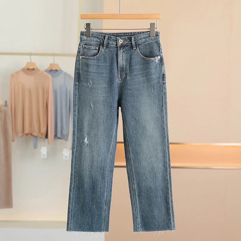 

MI Comfortable Slim Straight Jeans Brand Button Women's Long Cotton Stretch Denim Spring New Style Casual Natural Waist