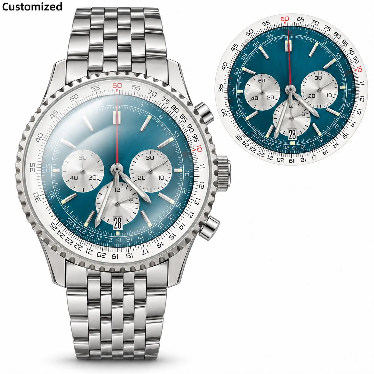 Men Quartz Watch 43mm Chronograph 904L Stainless Steel Case Strap Multi-function Dial  Watches Pilot Customized