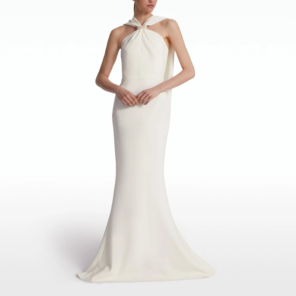 Muloong Ivory Halter With Pearl Floor Length Gown Back Train Party Dresses Mermaid With Belt Haute Couture Dress