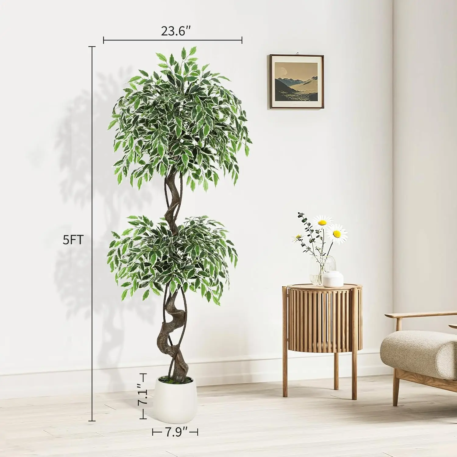 Artificial Ficus Tree, Lifelike Fake Ficus Plant with White Imitation Ceramic Planter, Natural Moss & Pebbles Decor, Stable Potted Faux Tree for Indoor Outdoor Home Office Bedroom Balcony - view 6