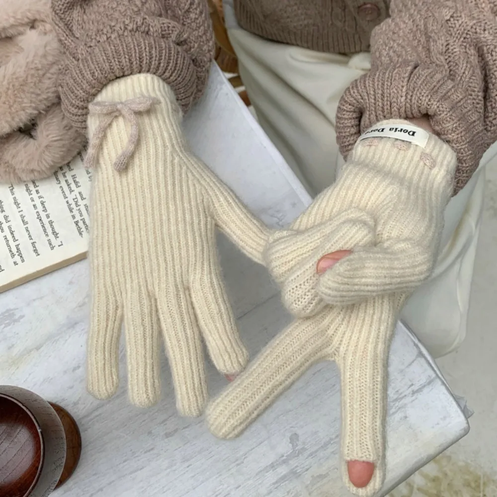 Guantes de lana de punto de poliéster, a la moda, con nudo de lazo, Color sólido, guantes de dedo dividido, gruesos y cálidos