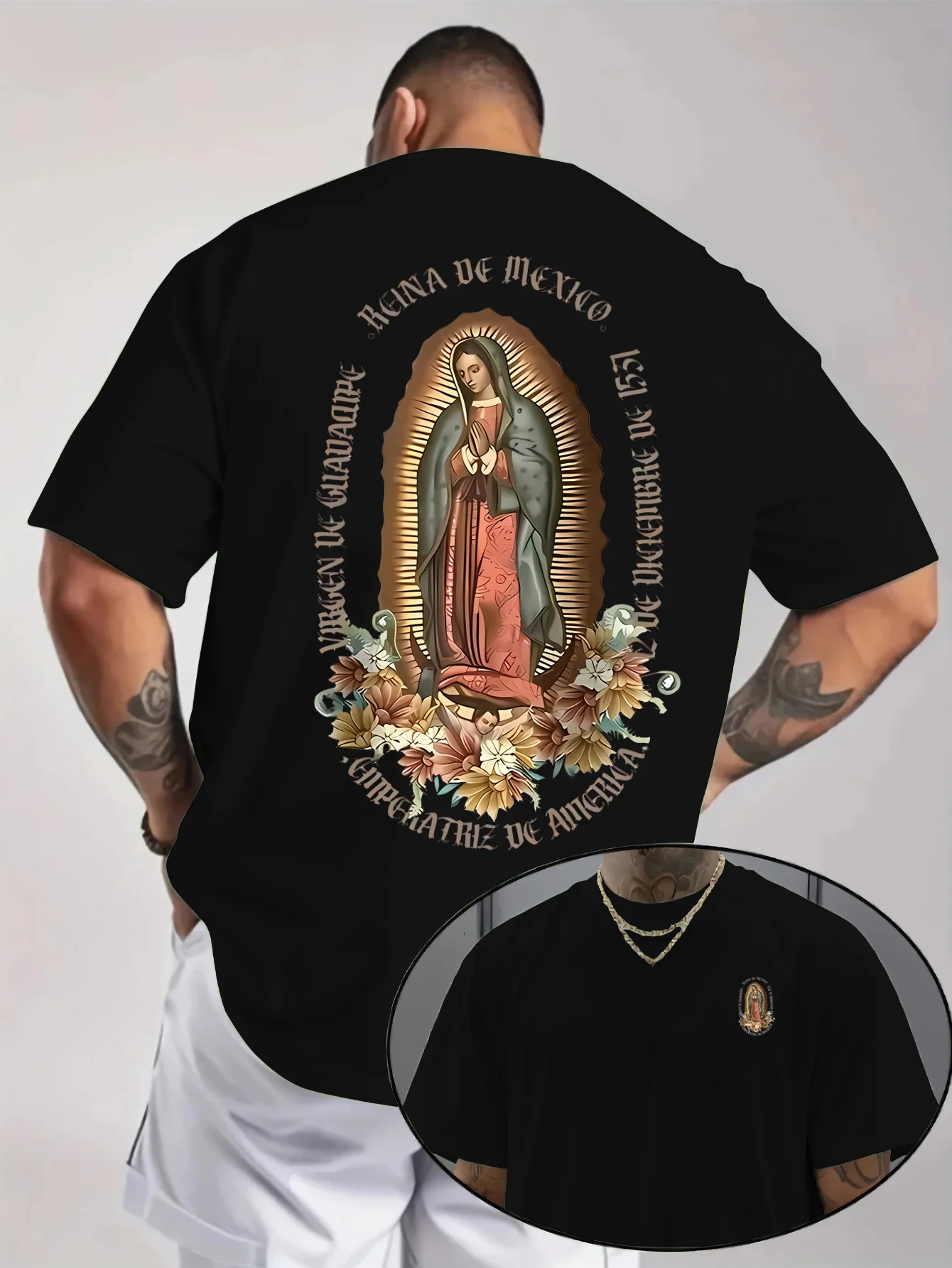 Men's religious T-shirt with a floral print of Our Lady of Guadalupe，suitable for summer daily wear and special occasions view 2