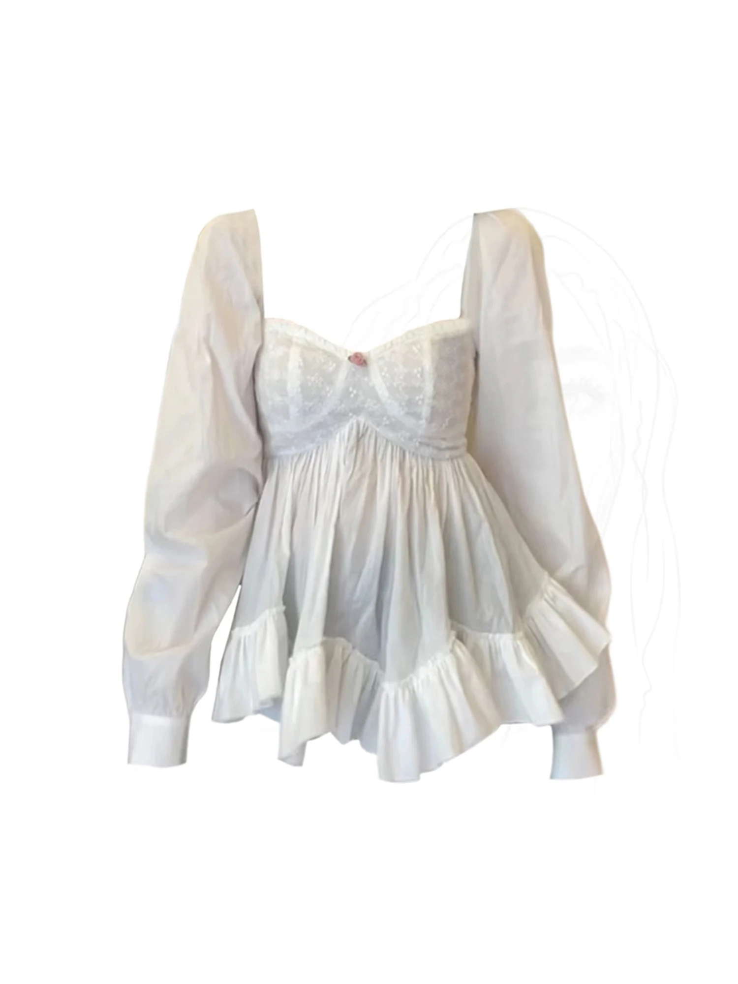 Women's Square Collar Shirts and Blouses Y2k 2000s Aesthetic Ladies Top Vintage Elegant White Long Sleeve Shirt Clothes Autumn