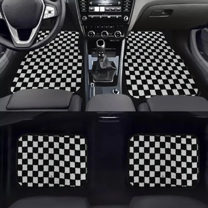 

4PCS UNIVERSAL CHECKERED SL-BLACK Racing Fabric Car Floor Mats Interior Carpets United States