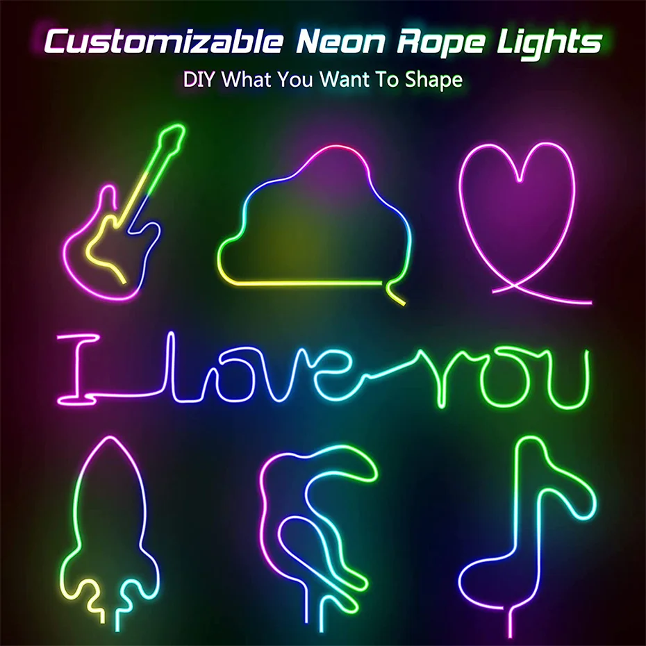 3M 5M RGBIC LED Neon Rope Lights 12V RGBIC Rainbow Chasing LED Strip Tape 96LEDs/M Tuya WiFi /Bluetooth APP /IR Remote Control