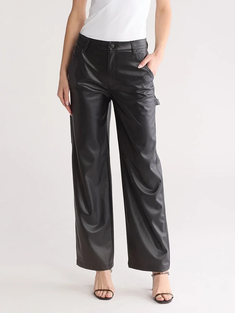 Women Matte Faux Leather Straight Pants Ladies Black Stretch PU High Waist Trousers New Casual Entertainment Loose Pant Custom