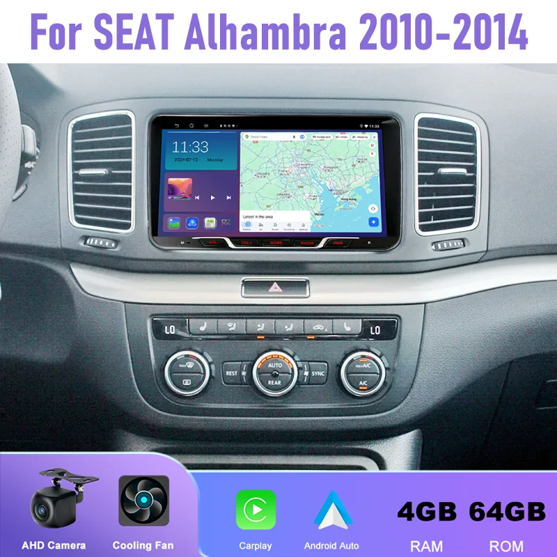 

9" 4+64GB For SEAT Alhambra 2010-2014 Car Radio Android 15 Auto Support Wireless Apple Carplay 2DIN GPS Rear Camera FM