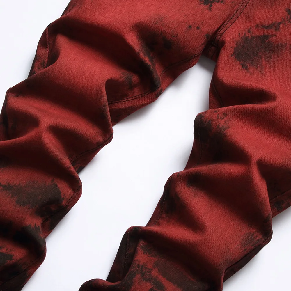 Men Tie and Dye Stretch Denim Jeans Brick Red Slim Straight Pants Streetwear Trousers