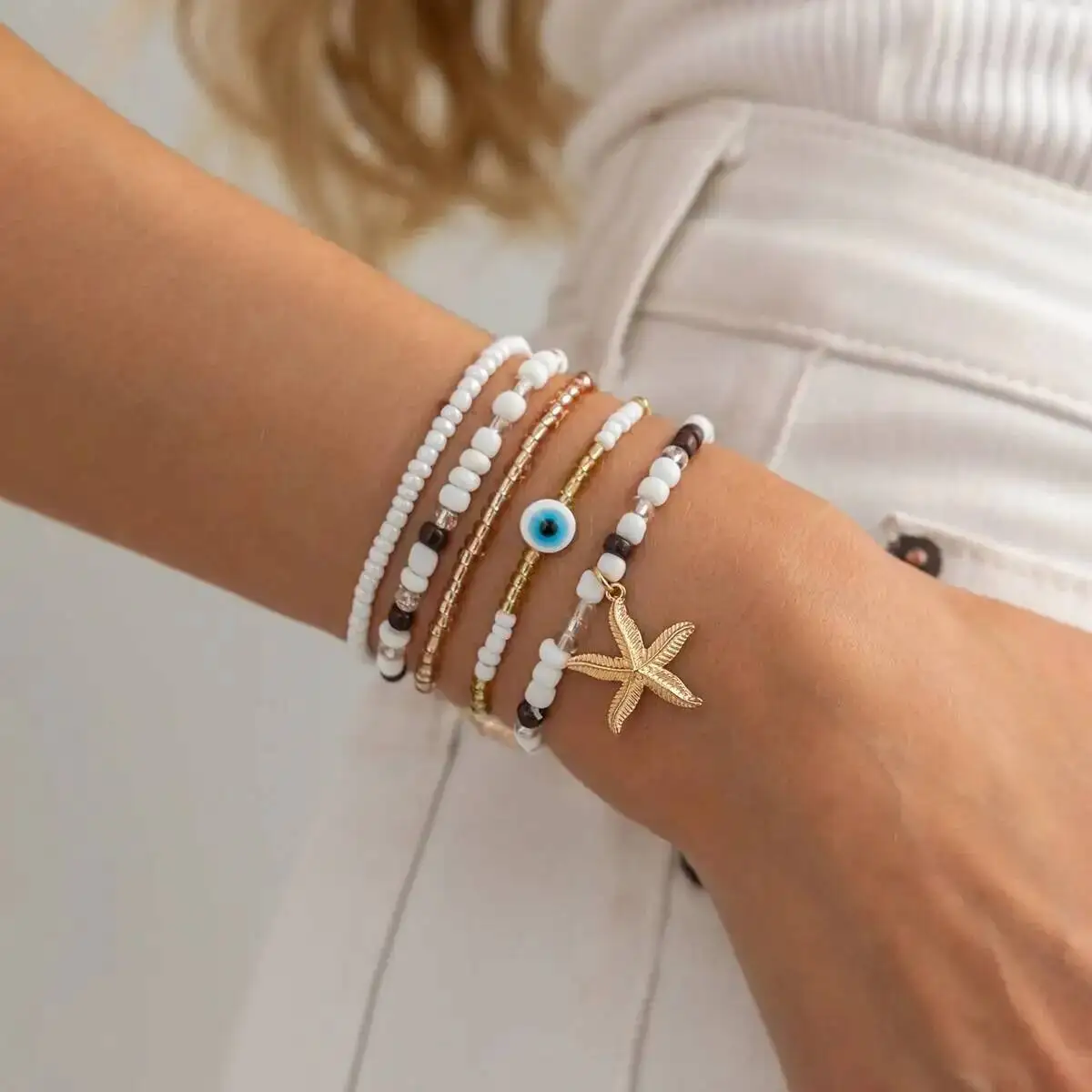 SHIXIN 2026 New 7 Pcs/Set Stackable Starfish Pendant Bracelet for Women Vintage Elegant Rice Beads Bangle Summer Beach Jewelry