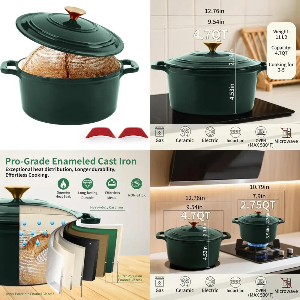 

Эмалированная чугунная голландская духовка, круглая кастрюля для запекания хлеба, тушения, запекания, раковины - сверхмощная духовка, безопасная кухонная кастрюля